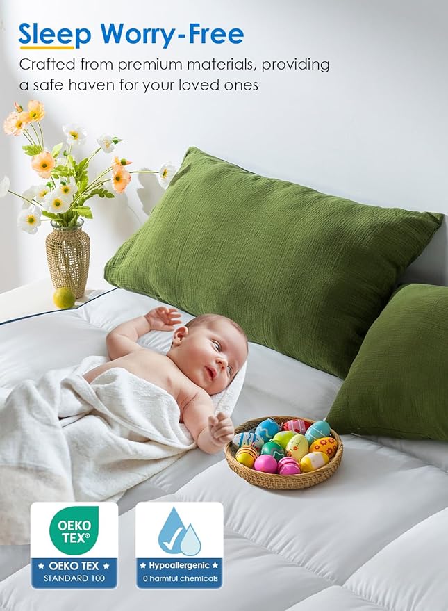 QUEEN ROSE Mattress Topper King Size, Pillow Top Extra Thick Mattress Pad, Soft Baffle Box Overfilled Down Alternative for Back Pain, 4 Corner Straps, White