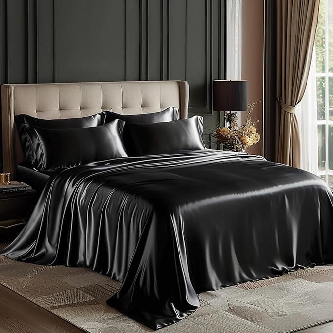 Love's cabin Twin Satin Sheets Sets - 3 Piece Black Silky Bed Sheets with Deep Pockets, Luxury Silk Feel Satin Twin Size Sheet Set Bedding Set (1 Flat Sheet,1 Fitted Sheet,1 Pillow case)