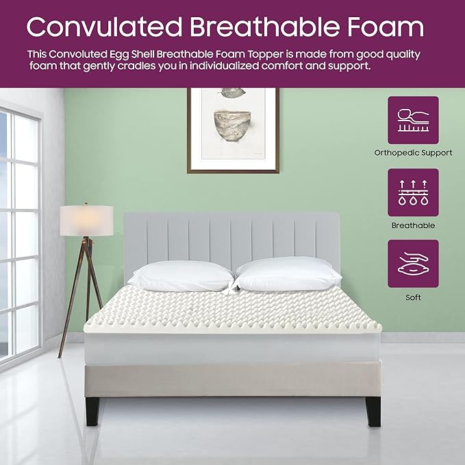 Mayton Convoluted Egg Shell 2-inch Breathable Foam Bed Topper | Makes Mattresses Comfortable and Relaxing, Provides Faster Pain Relief and Provides Orthopedic Beneficial Support, King, Off-White