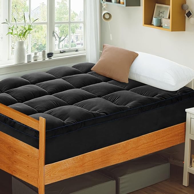 Mattress Topper Twin XL College Dorm, Bed Topper Twin XL Cooling Mattress Pad Cover for College, Black Pillow Top Mattress Topper with Deep Pockets, Breathable Fluffy Fill Mattress Protector
