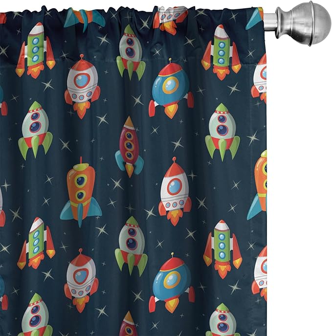 Ambesonne Spaceship Window Curtains, Cartoon Style Space Crafts Flying Through Cosmos Stared Background Astronauts, Lightweight Decor 2-Panel Set with Rod Pocket, Pair of - 28" x 95", Multicolor