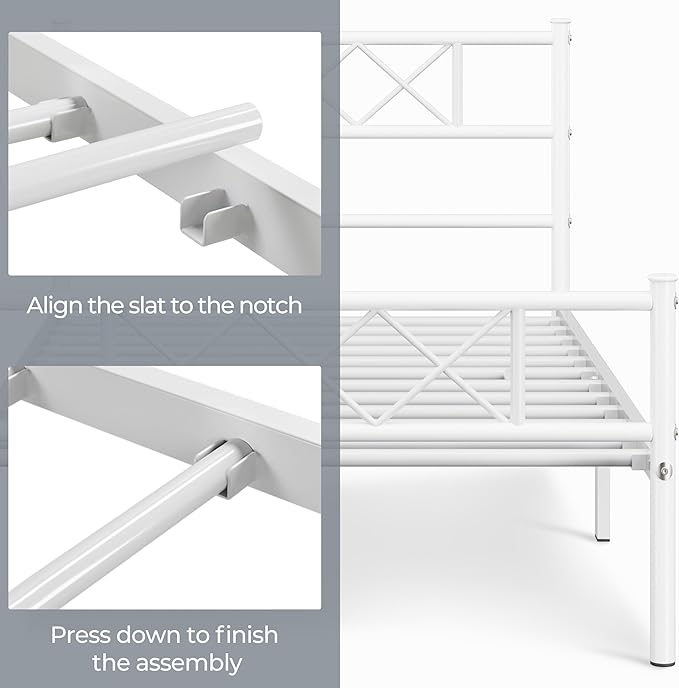 Yaheetech Twin Size Metal Platform Bed Frame with Simple Headboard and Footboard, Mattress Foundation for Under Bed Storage, Steel Slat Support, No Box Spring Needed, Easy Assembly, White