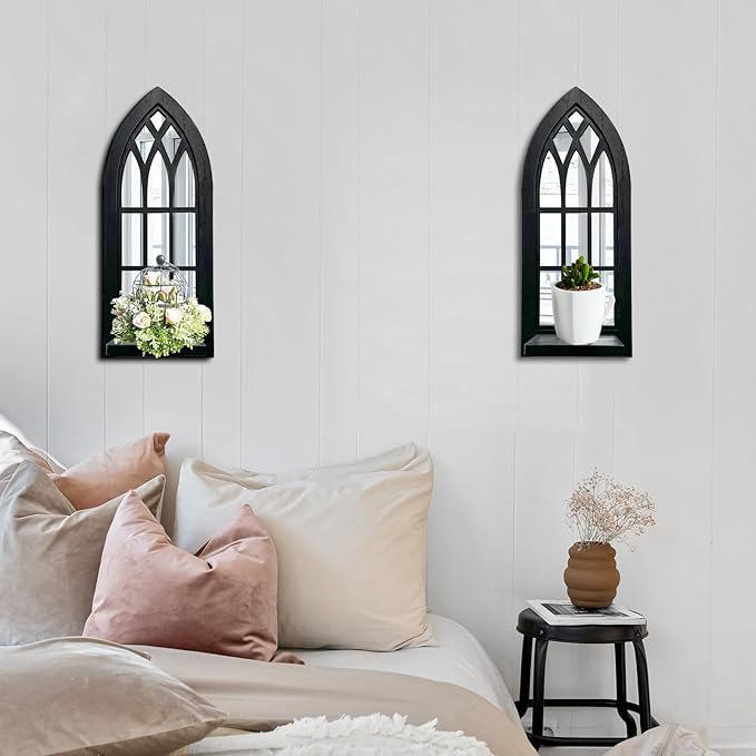 Wood Wall Sconce Candle Holder Set 2, Rustic Candle Sconces, Farmhouse Hanging Wall Décor, Carved Wood Frame, Mirrored Wall Accent