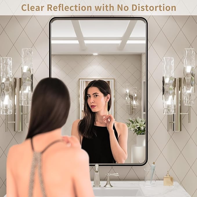 LOAAO 20X30 Inch Black Metal Framed Bathroom Mirror for Wall, Matte Black Bathroom Vanity Mirror Farmhouse, Large Rounded Rectangle Mirror, Anti-Rust, Hangs Horizontally or Vertically