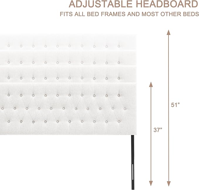 Tufted Upholstered Headboard King Size, Solid Wood Head Board with Durable Metal Legs, Adjustable Height Bed headboard from 37" to 51" Fabric Headboard in Modern Button Design, White