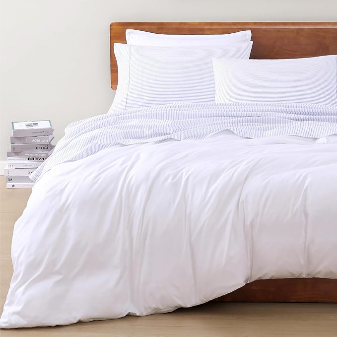 LANE LINEN 100% Organic Cotton Full Sheet Set, Low Pilling Fade Resistant Machine Washable Naturally Cooling Full Bed Sheets, Soft & Comfy Printed Cotton Bedding- Blue Ticking Stripe