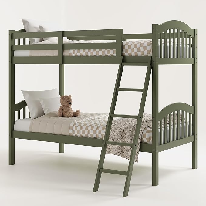 Storkcraft Long Horn Twin-Over-Twin Bunk Bed (Olive) - GREENGUARD Gold Certified, Converts to 2 Individual Twin Beds