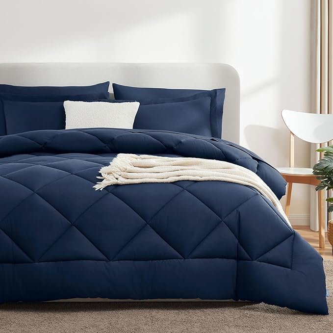 CozyLux Oversized King Comforter Set Navy Blue, 7 Pieces Bed in a Bag Comforter Set with Sheets Luxury Bed Set for All Seasons, Bedding Set with Down Alternative Comforter, Sheets, Pillowcases & Shams
