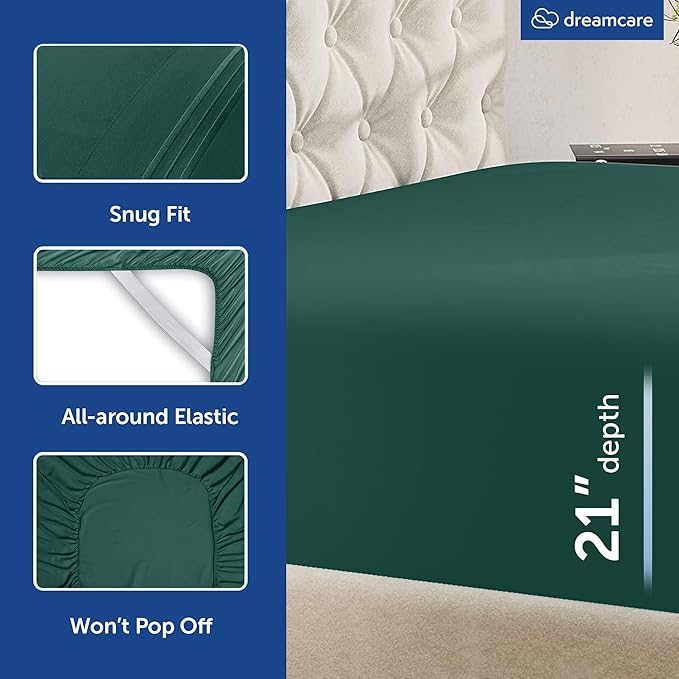 DREAMCARE Queen Sheet Set – 6 pcs Cooling Bed Sheets – up to 21” Deep Pocket Queen Sheets Set – 2500 Supreme Collection – Extra Soft 100% Brushed Microfiber Hotel Luxury with Side Pocket Emerald Green