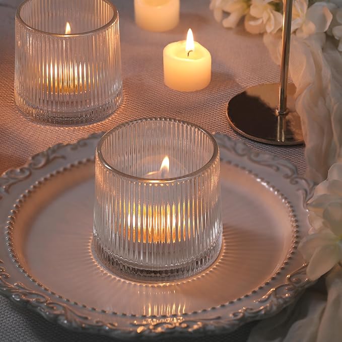 DARJEN Clear Ribbed Tealight Votive Candle Holders Set of 10- Tea Light Candle Holder Glass for Table Centerpiece, Engagement Parties, Birthday Parties & Wedding Shower