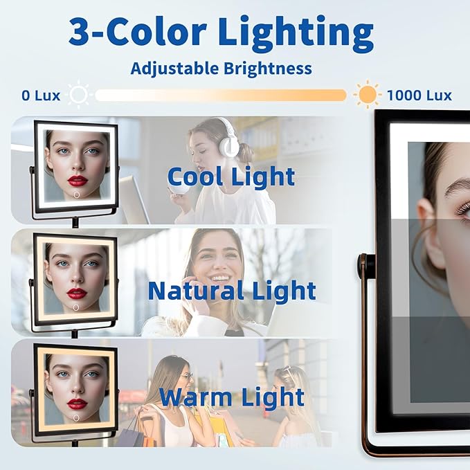 Ruacq Rechargeable Wall Mounted Makeup Mirror with Lights, Double Sided 1X/10X Magnifying Vanity Mirror with 3 Color Lights, Touch Screen Dimmable, 360° Rotation Foldable Arm (Oil Rubbed Bronze)