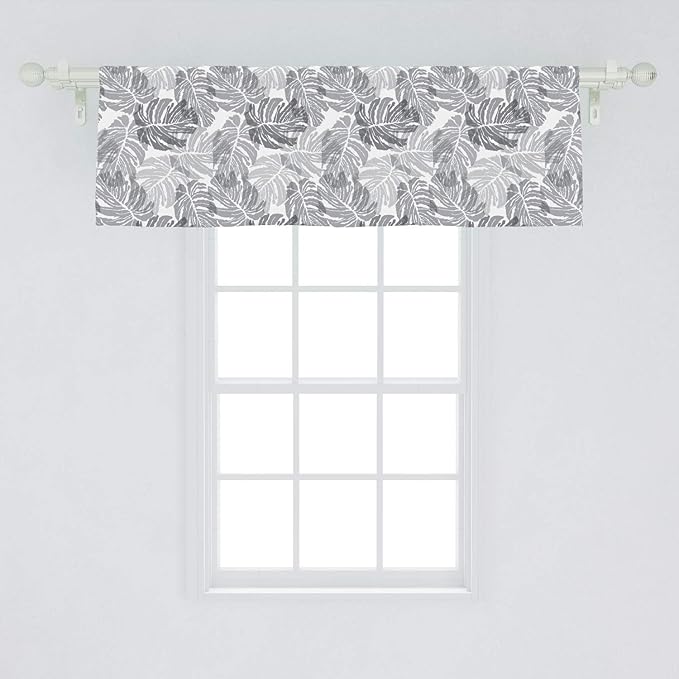 Ambesonne Tropical Window Valance, Exotic Jungle Palm Leaves Print in Greyscale Shades Floral Details, Curtain Valance for Kitchen Bedroom Decor with Rod Pocket, 54" X 18", Dimgray Pale Taupe White
