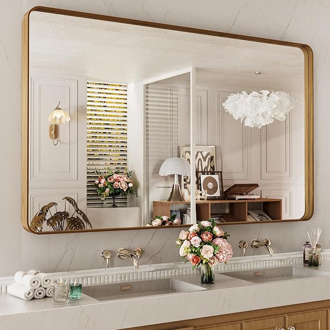 LOAAO 60X36 Inch Bathroom Mirror with Wood Grain Colored Metal Frame, Rounded Rectangle Metal Framed Bathroom Mirror, Anti-Rust, Hangs Horizontally or Vertically, Tempered Glass