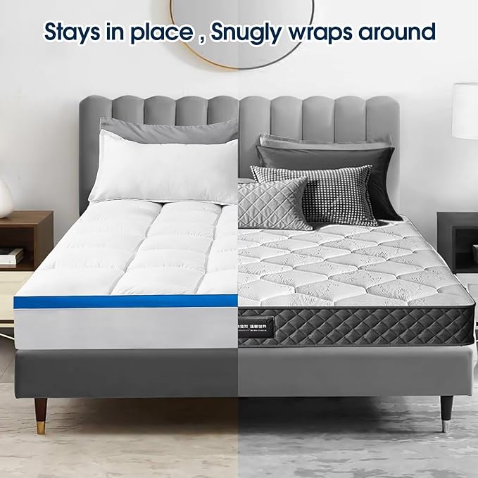 Full Size Mattress Topper, CYMULA Cooling Mattress Pad Cover PillowTop for Bed Back Pain, Futon Mattress Protector Extra Thick Firm Soft Fill Overfilled with 8-21 Inch Deep Pocket, 54"x75"White
