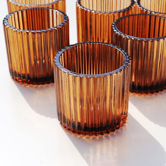 VOHO Amber Candle Holder Set of 12, Glass Votive Candle Holders Centerpiece Table Decorations, Large Candle Holders Bulk for Holiday/Party(2.75in x 2.56in, Amber)