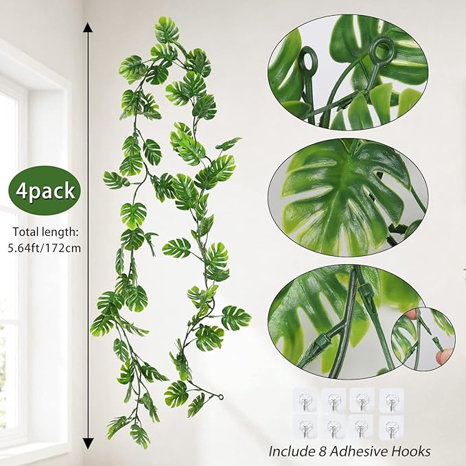 RECUTMS 4Pcs Artificial Monstera Leaves Vines, 5.9FT Fake Hanging Plant Ivy Faux Tropical Palm Leaf Greenery Garland for Garden Porch Patio Jungle Luau Beach Birthday Party Indoor Outdoor Spring Décor