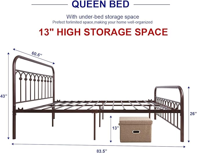 Metal Bed Frame Queen Size with Vintage Headboard and Footboard Platform Base Wrought Iron Double Bed Frame (Queen, Antique Brown)