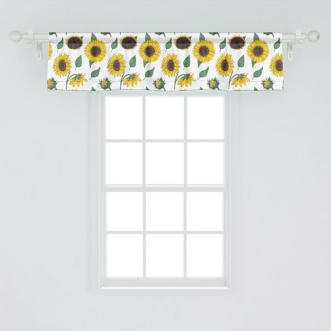 Ambesonne Sunflower Window Valance, Agricultural Pattern Botanical Inspiration Hand-Drawn Flowers, Curtain Valance for Kitchen Bedroom Decor with Rod Pocket, 42" x 12", Reseda Green Dark Brown