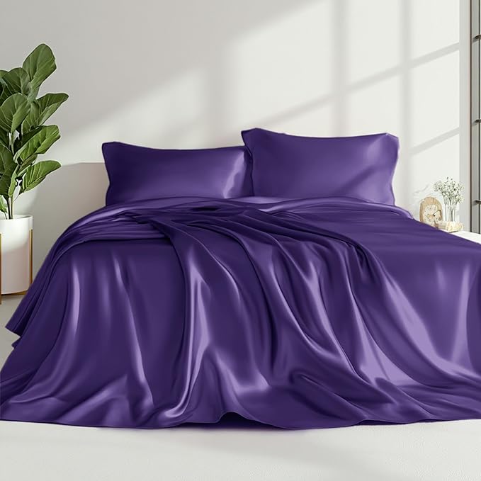 Love's cabin Satin Queen Sheets Set - 4 Piece Purple Silky Bed Sheets Set with Deep Pocket, Luxury Silk Feel Satin Queen Size Sheet Set (1 Flat Sheet,1 Fitted Sheet,2 Pillow Cases)