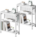 End Table Set of 2 for Small Space, 3-Tier Narrow Side Table with Magazine Holder,Small Nightstand, Skinny Snack Couch Table in Living Room, Bedroom Study and Balcony (White)