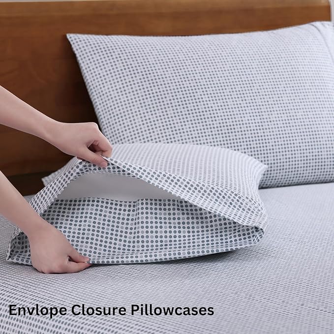 LANE LINEN Eco Friendly 100% Organic Cotton Queen Bed Sheets Set, Printed Modern Polka Dot Cotton Sheets, Soft & Comfy Low Pill Fade Resistance Fully Elasticized Queen Size Bed Set 15" deep Pockets