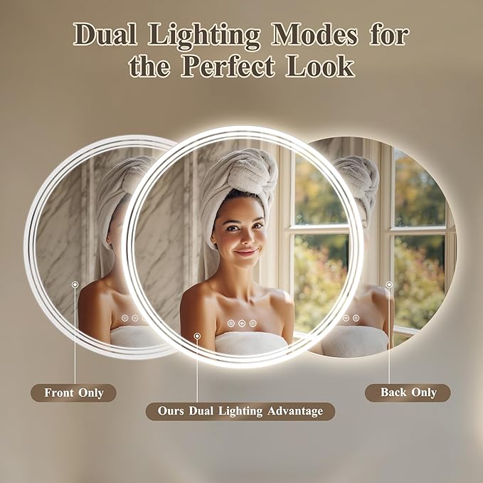 36''x36'' Lighted Mirrors for Bathroom Wall Backlit + Front Lit, Round LED Bathroom Mirror Frameless with Lights Anti Fog, Dimmable, 3 Colors,Tempered Glass, Shatter-Proof