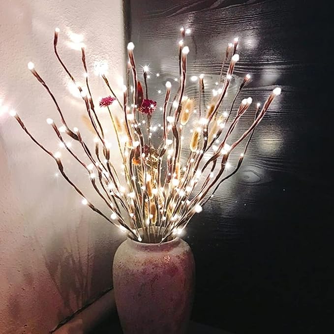 DK177 4 Pack Led Branch Light Battery Operated Lighted Branch Vase Filler Willow Tree Artificial Little Twig Power Brown 30 Inch 20 LED for Home Romantic Decoration, White