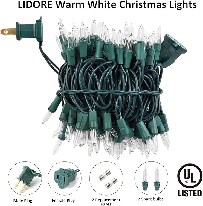 LIDORE Super Bright Clear Mini Christmas Tree String Lights, Gift for Decoration, 21.45FT 100 Count Bulbs with Green Cord, UL Listed Indoor Outdoor Lighting for Holiday (Green Cable, 1-Pack)
