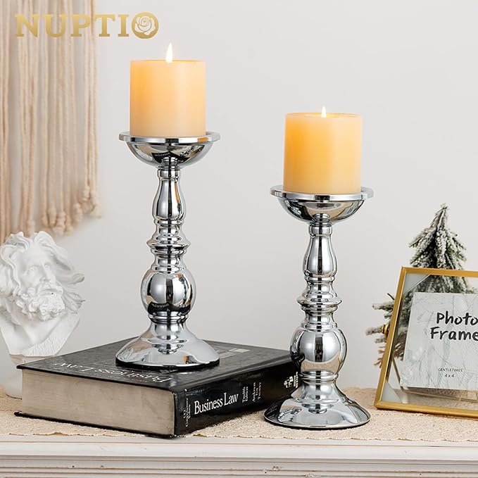 Nuptio Silver Pillar Candle Holders, Wedding Centerpieces Metal Candle Holder for 3 inches Candles Stand Decoration Ideal for Weddings Special Events Parties Living Room, 2 Pcs