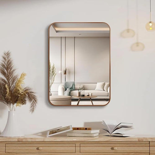 16"x20" Brushed Bronze Bathroom Mirror for Wall, Rounded Rectangle Mirror with Brown Metal Frame Hanging for Bathroom Entryway Vanity,Living Room,Bedroom,Vertical or Horizontal