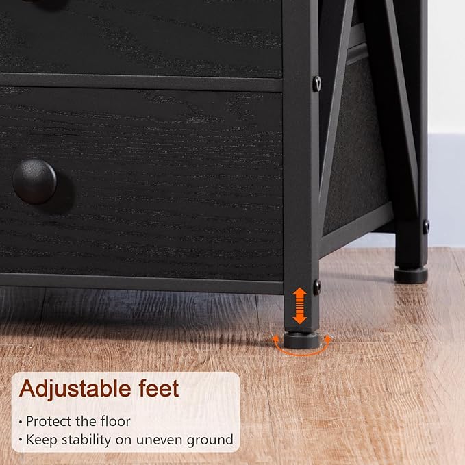 AMHANCIBLE LED Nightstand with Charging Station, Smart End Side Table with USB Port & Power Outlet, Bedside Table with Fabric Drawers for Bedroom, Living Room, Black, HET053LBK1