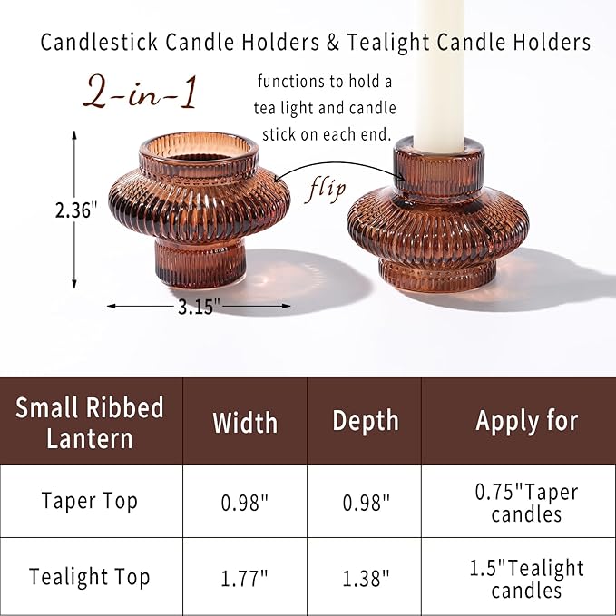 Brown Candlestick Holders Set of 10, Taper Candle Holders for Fall Wedding Table Centerpiece, Ribbed Glass Votive Candle Holders for Dinner Party Halloween Thanksgiving Decor