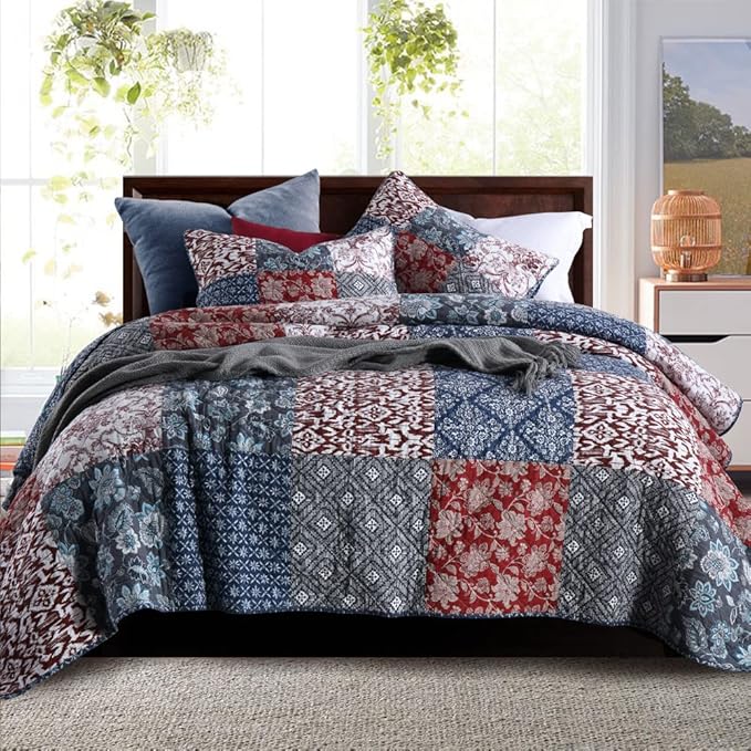 Secgo Queen Comforter Set for Bed - 100% Cotton Quilts Queen Size, Burgundy Bedspreads (90 * 98 Inch) with 2 Pillow Shams, Patchwork Reversible Lightweight Bedding