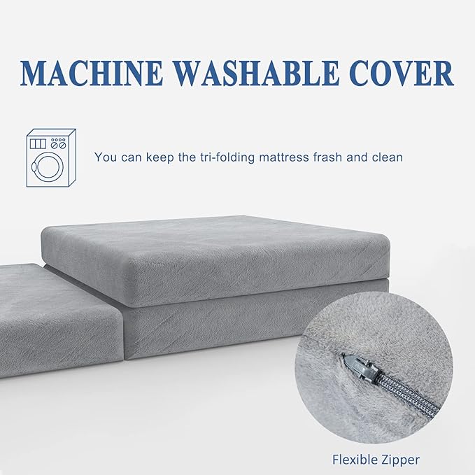 SINWEEK 4" Cot Memory Foam Folding Mattress with Storage Bag - Foldable Trifold Floor Bed Topper, CertiPUR-US Certified Guest Sleeping Pad, Machine Washable Cover