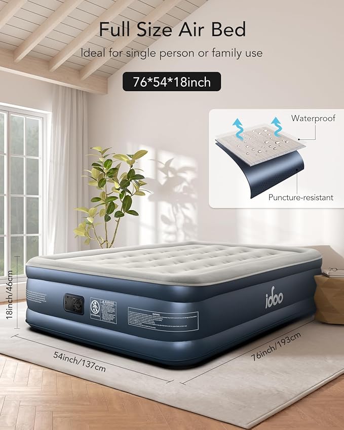 iDOO Air Mattress Full with Built in Pump, 18" Raised Comfort Blow up Mattress, Inflatable Mattress for Guests & Home, Air Bed, colchon inflable, Upgraded Four Chamber Technical Airbed