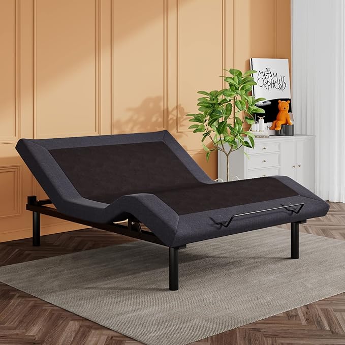 SHA CERLIN Queen Size Ergonomic Adjustable Bed Base, Upholstered Bed Frame with Upholstered Motor, Motorized Head and Foot Incline, Wireless Remote Control, Assembly Required, Bed Base Only