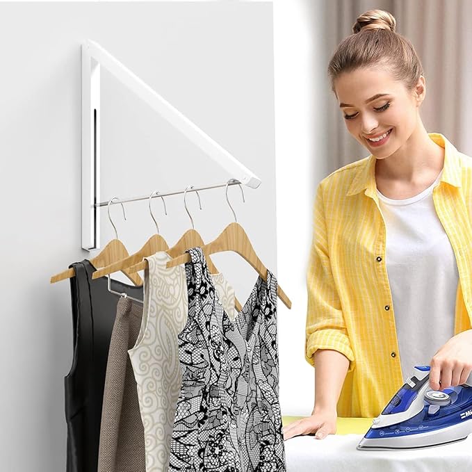 Folding Clothes Hanger Wall Mounted Retractable Clothes Rack, Aluminum, Easy Installation, White