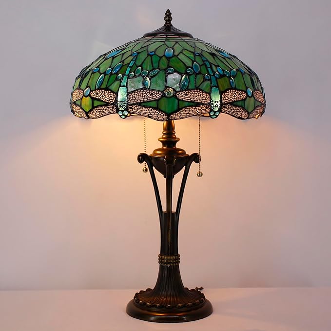 Tiffany Table Lamp Green Stained Glass Desk Lamp 16X16X24Inches Dragonfly Style Reading Light
