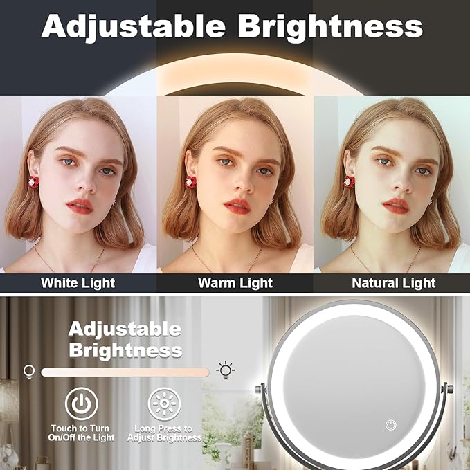 9" Large Height Adjustable Makeup Mirror With Magnification 10X/1X, 4000mAh Rechargeable Led Magnifying Vanity Mirror with Lights, Folding Boom & 360°Swivel 2-Sided Travel Cosmetic Mirror - Chrome