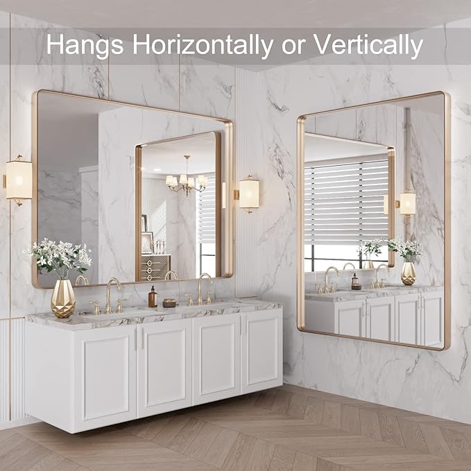 LOAAO 48”X36” Gold Bathroom Mirror, Rounded Rectangle Gold Frame Mirror, Brushed Gold Bathroom Vanity Mirror Wall-Mounted, Anti-Rust, Tempered Glass, Hangs Horizontally or Vertically