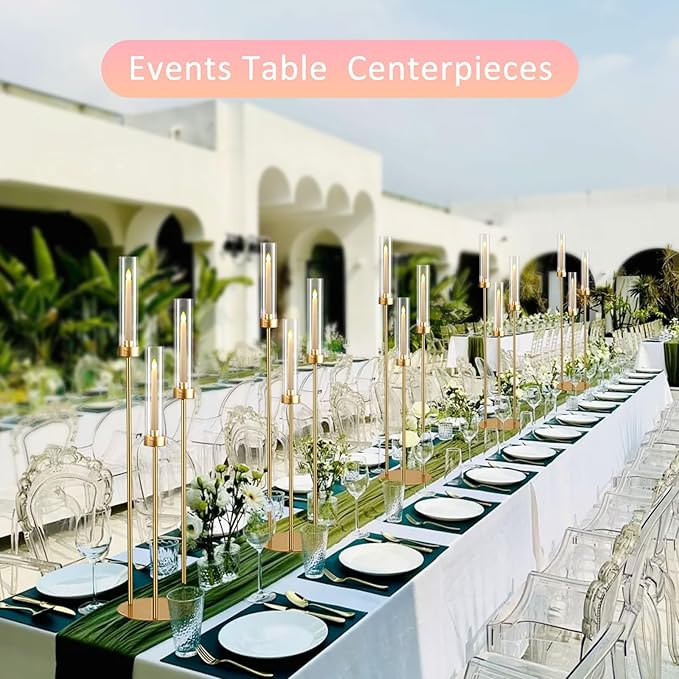 Vincidern 10pcs Gold 3 Arm Candelabra Taper Candle Holder for Table Centerpieces, 34in Tall Metal Candlestick Holder with Acrylic Lampshade for Wedding,Party,Holiday Christmas, Halloween Candelabra