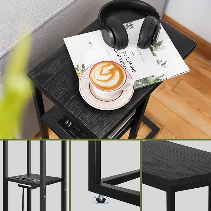 Yoobure C Shaped End Table with Charging Station for Living Room, Bedroom, Sofa Table with USB Ports and Outlets for Small Spaces, Couch Rustic Snack Bed Table