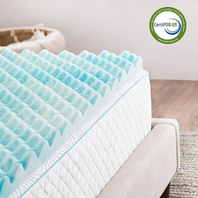 Linenspa 3 Inch Convoluted Gel Swirl Memory Foam Mattress Topper - Promotes Airflow - Relieves Pressure Points - Queen