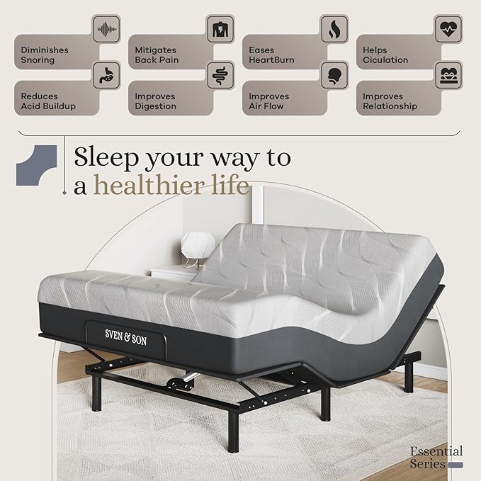 Sven and Son Essential Adjustable Bed Base (Frame) + 12 inch Memory Foam Matt (Medium), Easy Assembly, Head and Foot Lift, Memory Positions, Zero Gravity, Wireless Remote - Queen