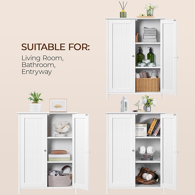 Yaheetech Bathroom Floor Cabinet, Modern Storage Freestanding Organizer Cabinet with Adjustable Shelves & Double Doors, 3-Tier Home Living Room Furniture, White
