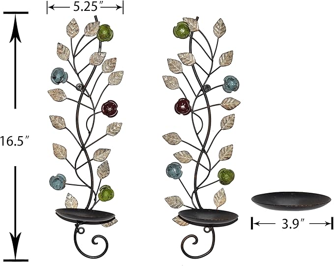 Wall Sconces Candle Holder Set of 2, Antique Leaf Branch Wall Mount Hanging Metal Candle Holder Candle Sconce for Living Room Dining Room