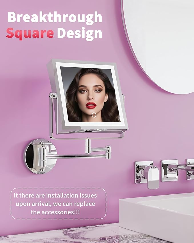 Rechargeable Wall Mounted Makeup Mirror with Lights, 4000mAh Double Sided 1X/10X Magnifying Vanity Mirror with 3 Color Lights, Touch Dimmable, 360° Extension Foldable Arm (Chrome)