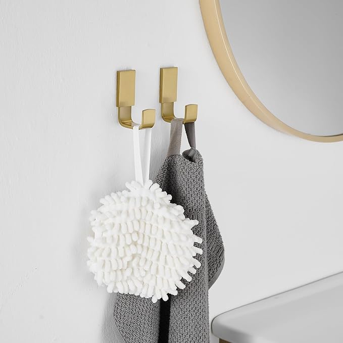 BESy Brass Clothes Hook Single Towel Hook for Bathroom Kitchen Garage Square Style Robe Hooks Coat and Hat Hook, Self Adhesive with Glue or Wall Mounted with Screws, Two Packs, Brushed Gold