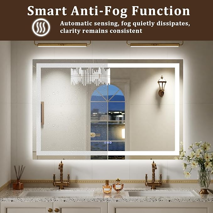 LED Bathroom Mirror with Lights, 55"x 30" Wall Mirrors with Anti-Fog, Dimmable, Backlit + Front Lit, 3 Color Modes, Memory Function Smart Mirror