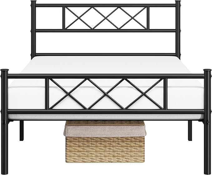 Yaheetech Twin Size Metal Platform Bed Frame with Simple Headboard and Footboard, Mattress Foundation for Under Bed Storage, Steel Slat Support, No Box Spring Needed, Easy Assembly, Black